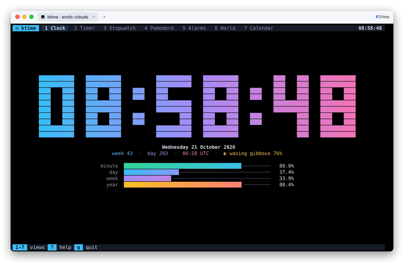 ktime showing a large colored clock and progress bars for day, week and year