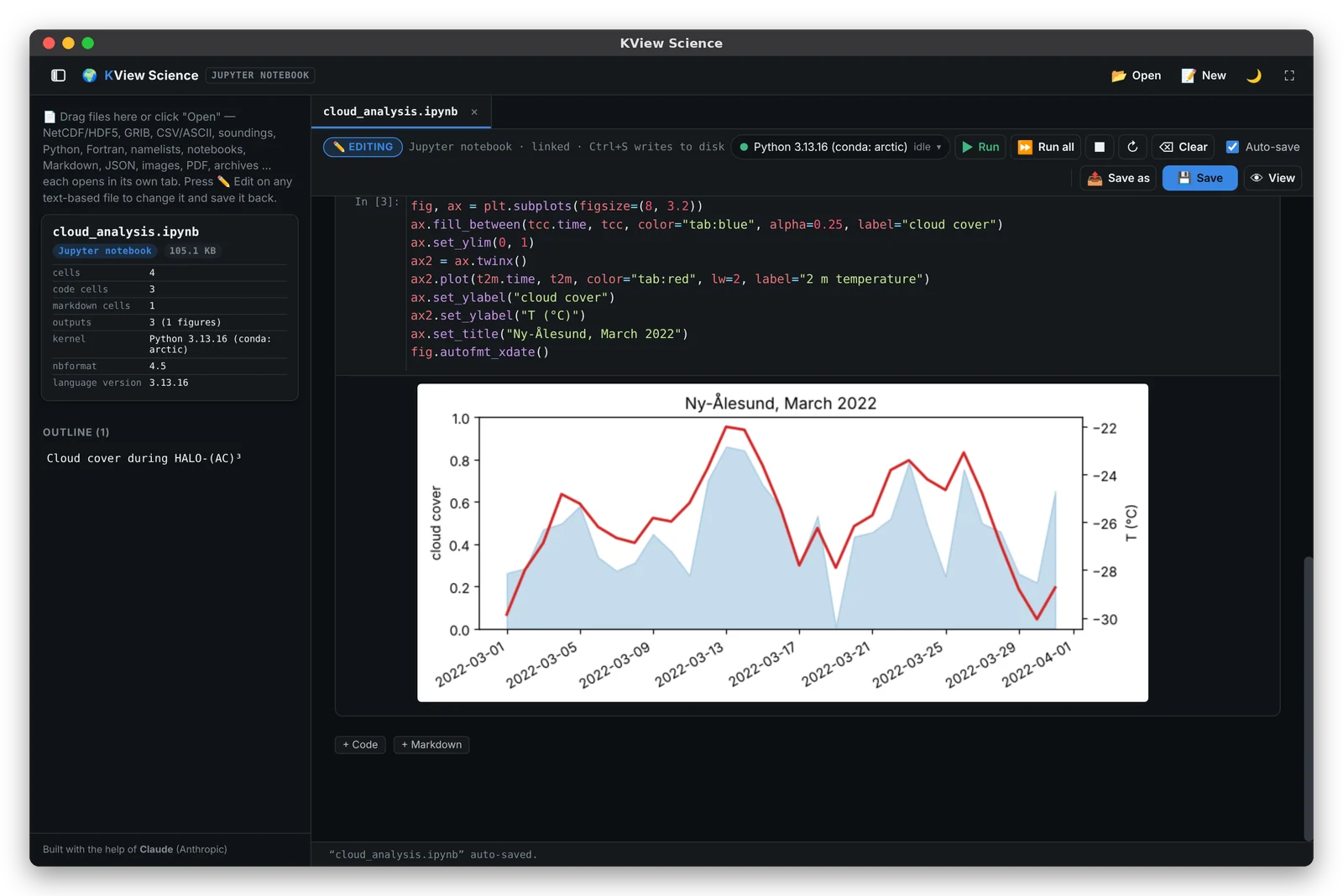 Jupyter notebook in KView with a conda kernel and a matplotlib plot